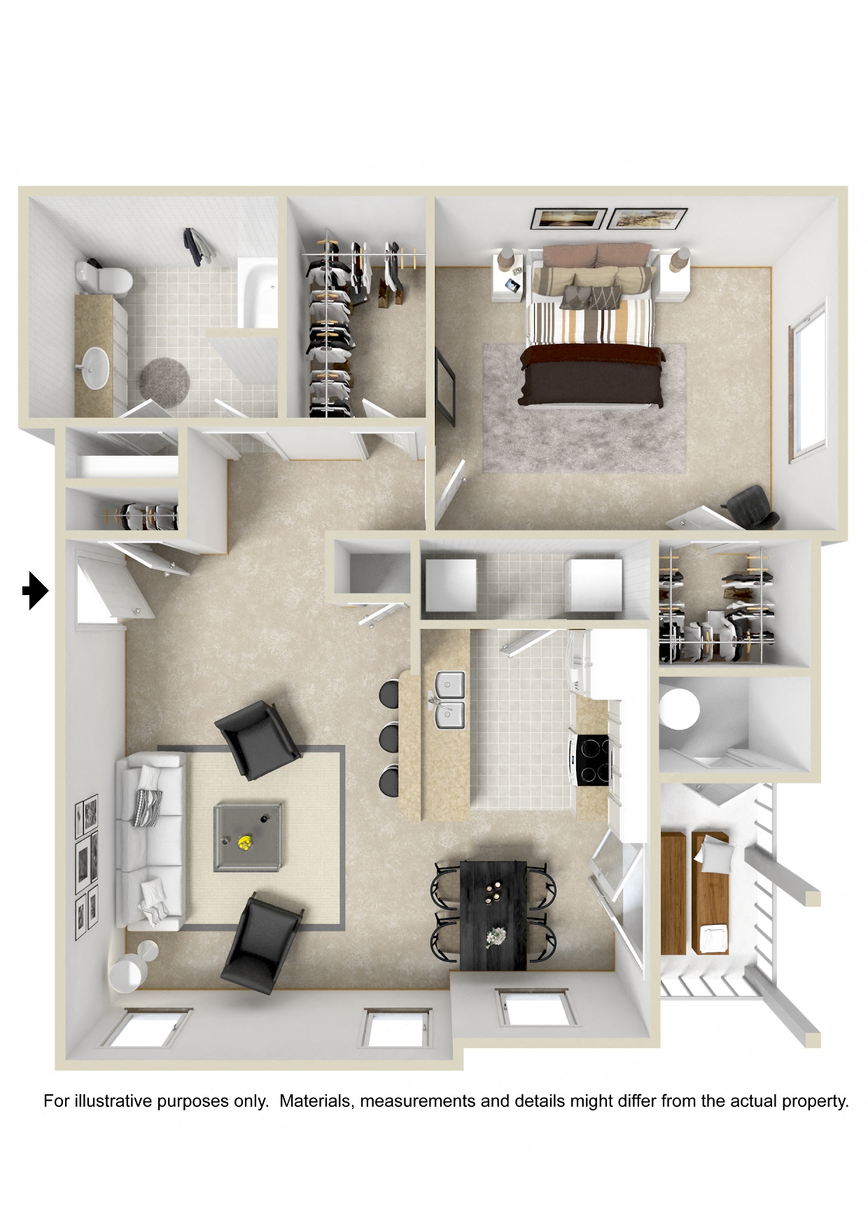 Floor plan for 1 bed, 1 bath, 820 sqft